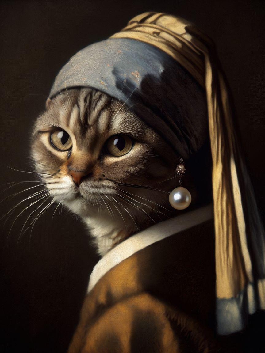 Cat with headscarf imitating famous painting with earring