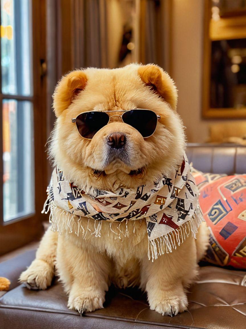 Chow Chow wearing sunglasses and Louis Vuitton scarf