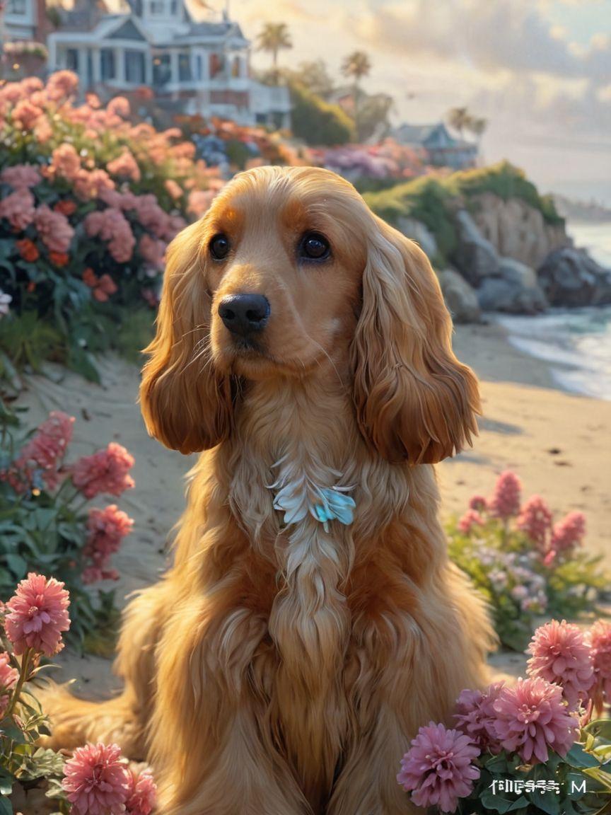 Cocker Spaniel sitting among flowers near the beach