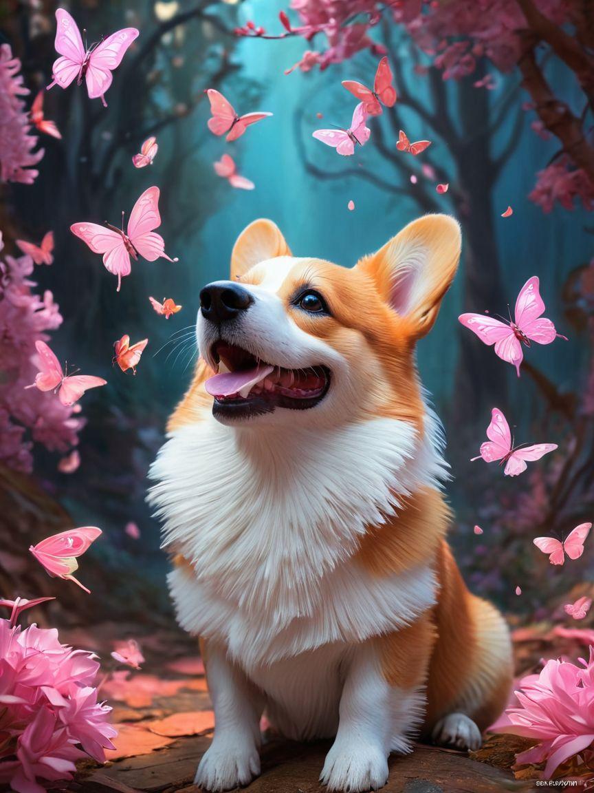 Corgi surrounded by pink butterflies in forest