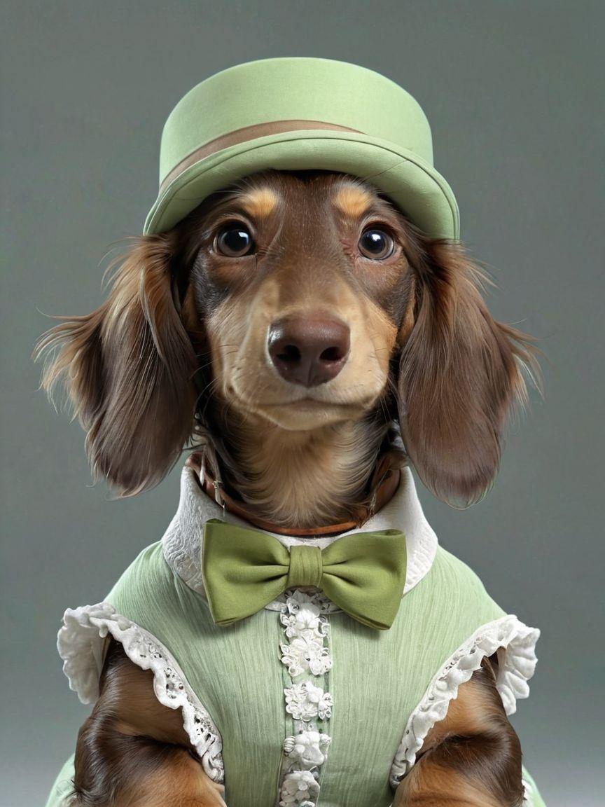 Dachshund wearing green hat bowtie and dress