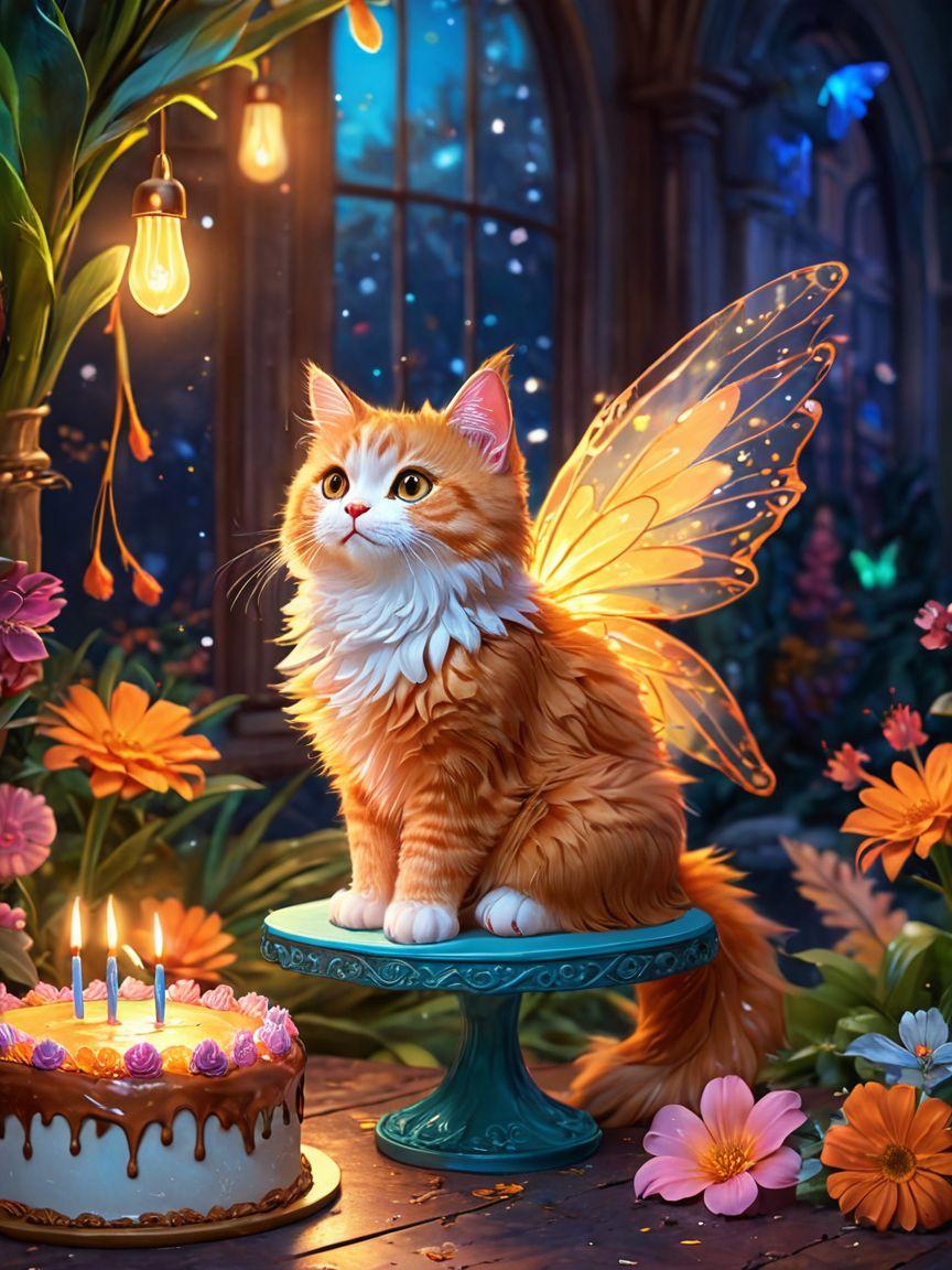 Cat with fairy wings beside a birthday cake in a garden scene
