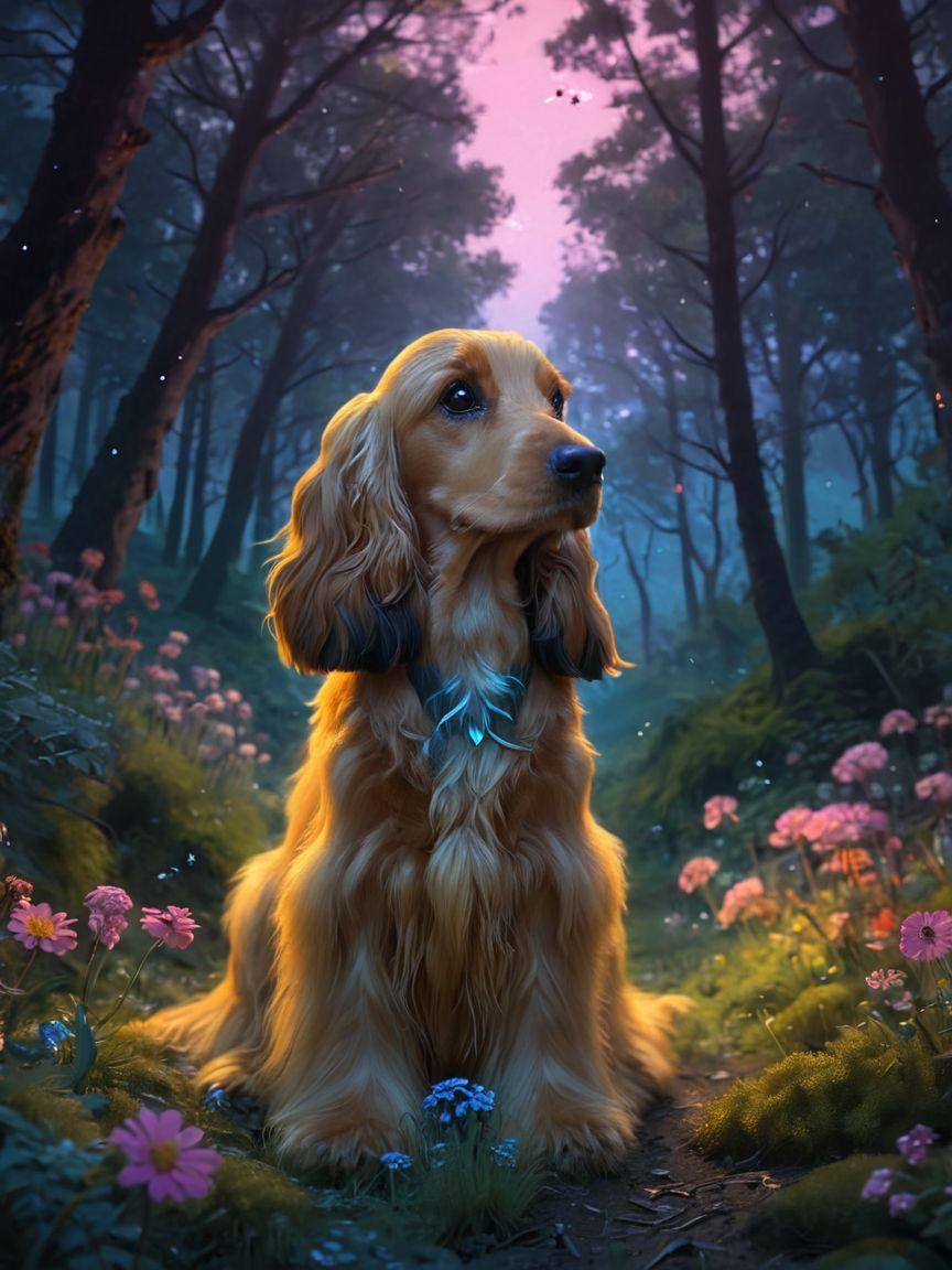 Cocker Spaniel sitting in a magical forest setting