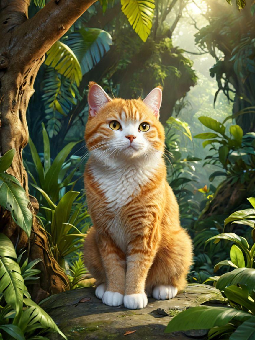 Orange tabby cat sitting on rock in jungle