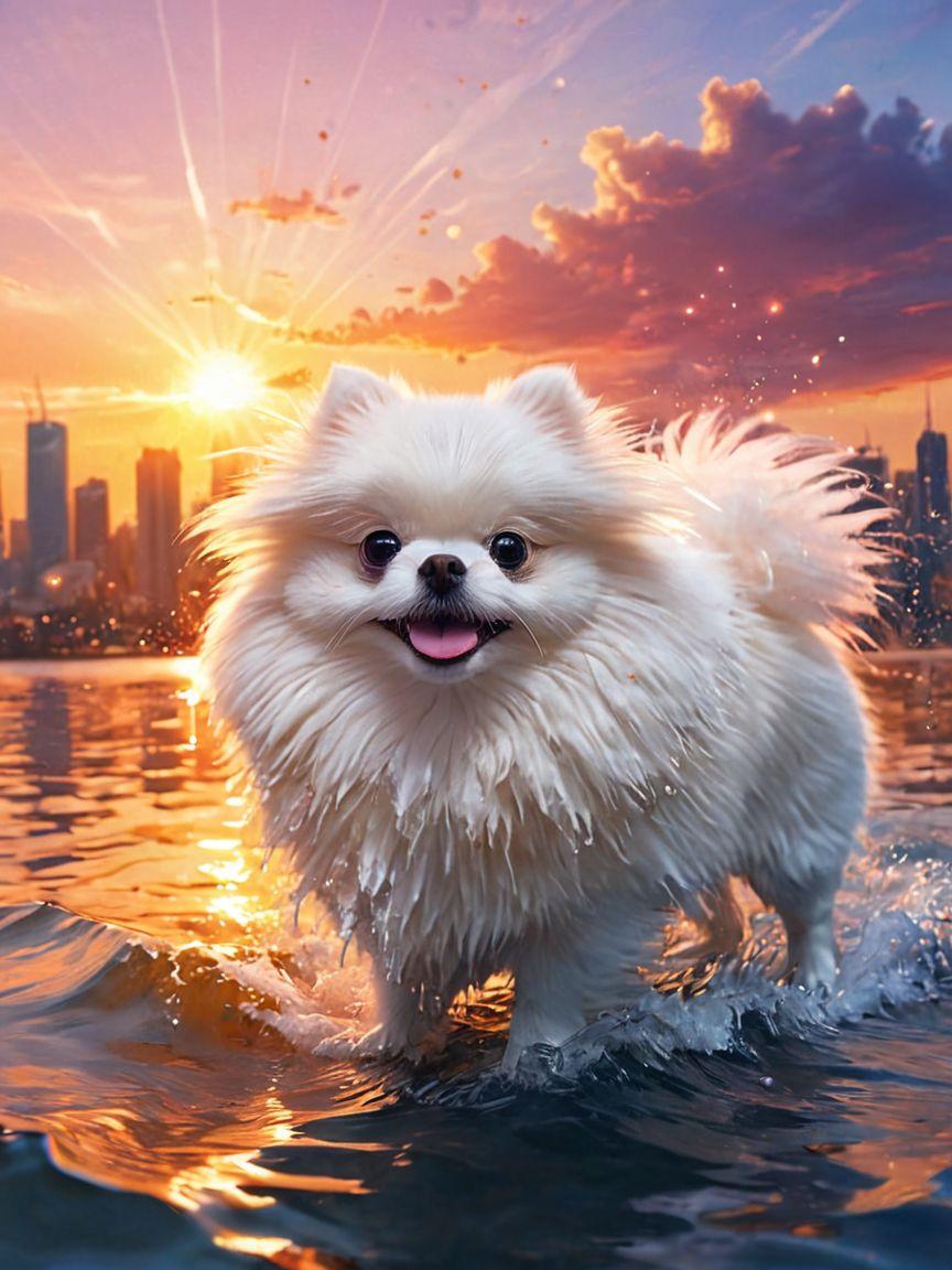 Pomeranian playing in water during a sunset