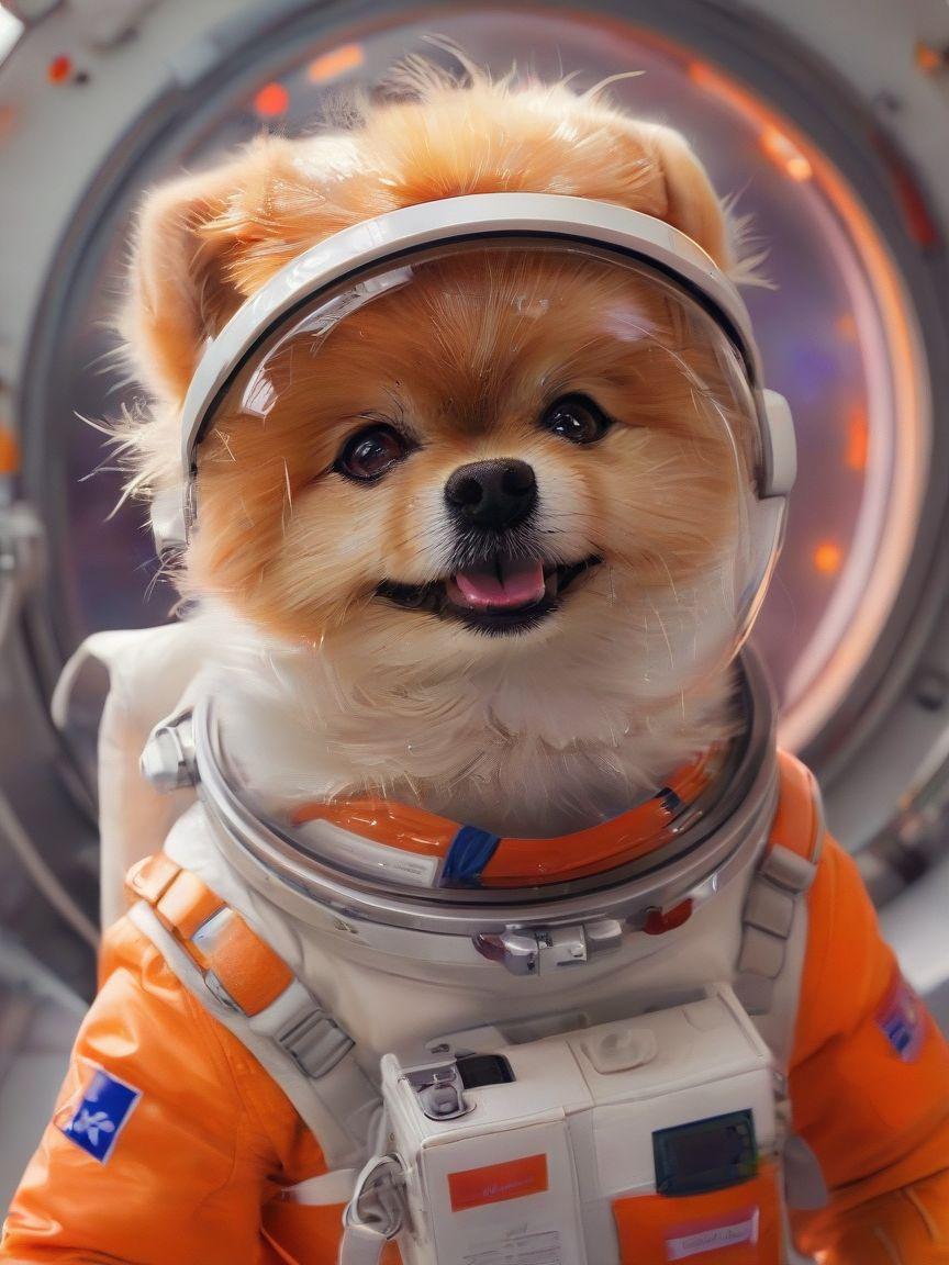 Pomeranian in astronaut suit inside a spacecraft