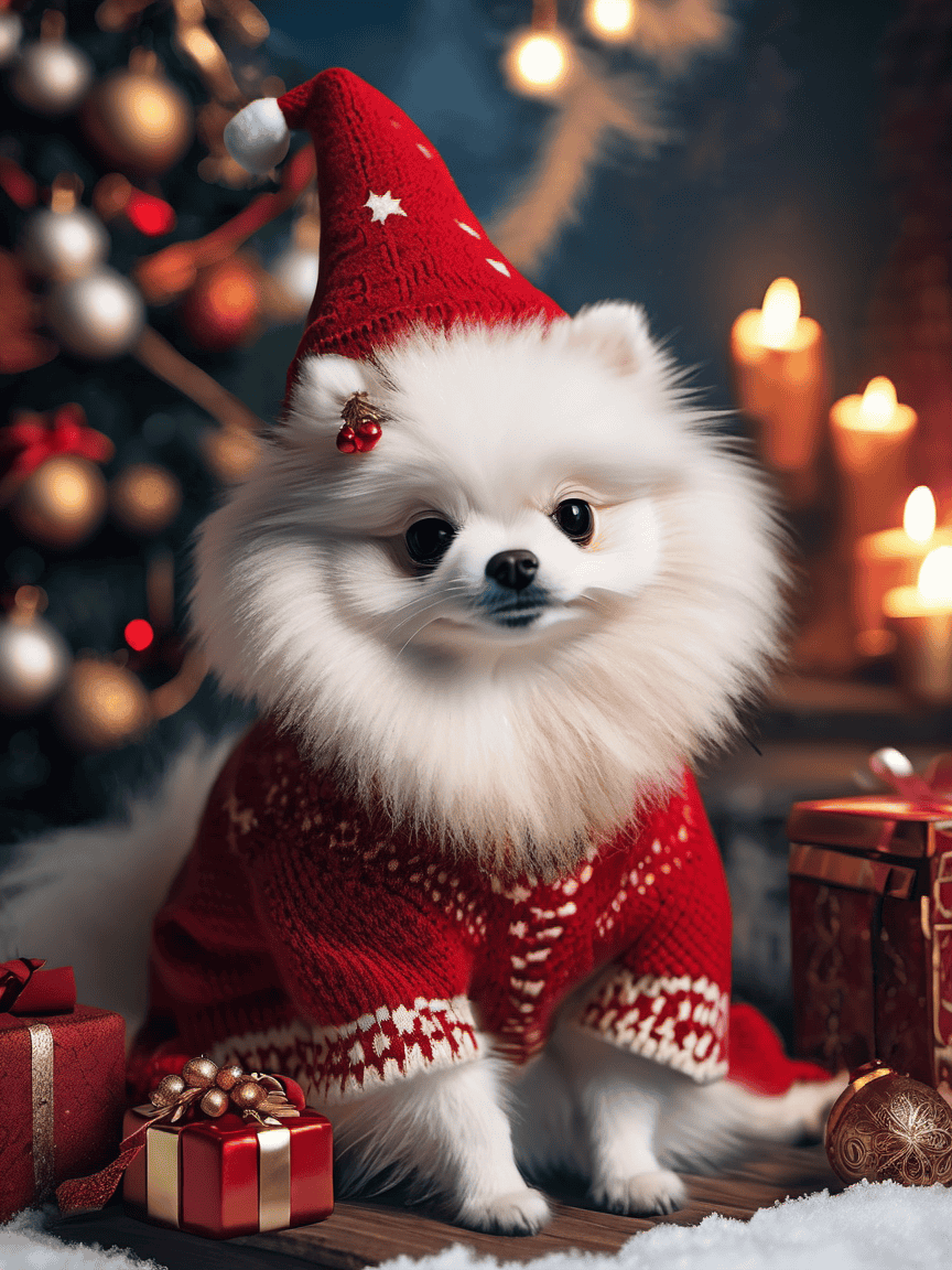 Pomeranian in a Santa hat beside a decorated Christmas tree