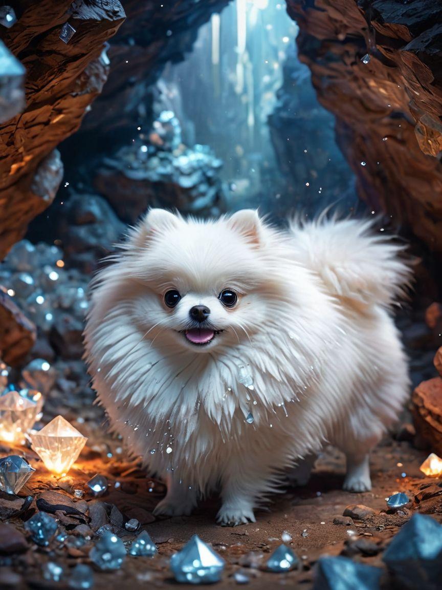 Pomeranian in jewel-filled mystical cave looking joyful