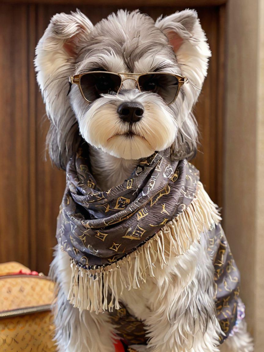 Schnauzer with sunglasses and Louis Vuitton scarf
