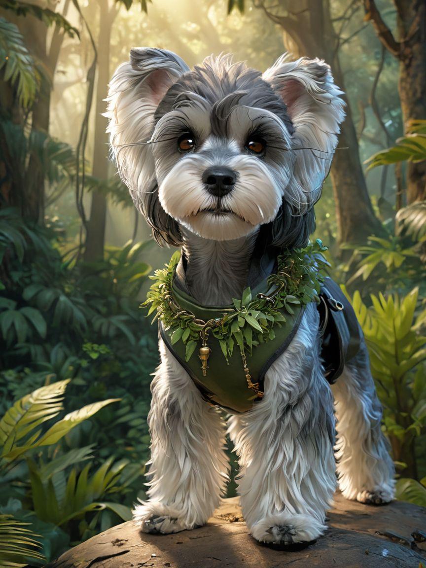 Schnauzer with foliage harness standing in forest