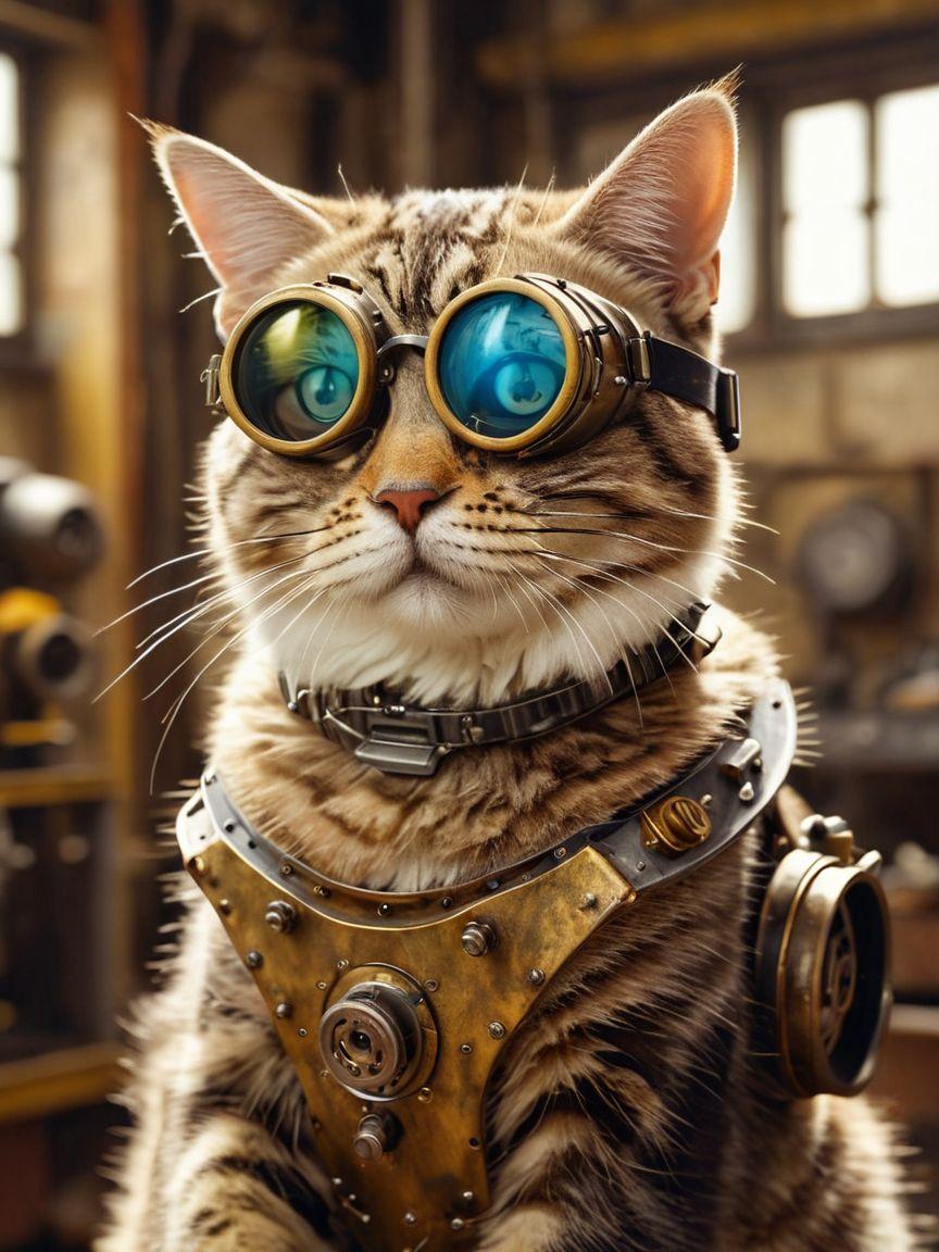 Cat wearing steampunk goggles and gear indoors