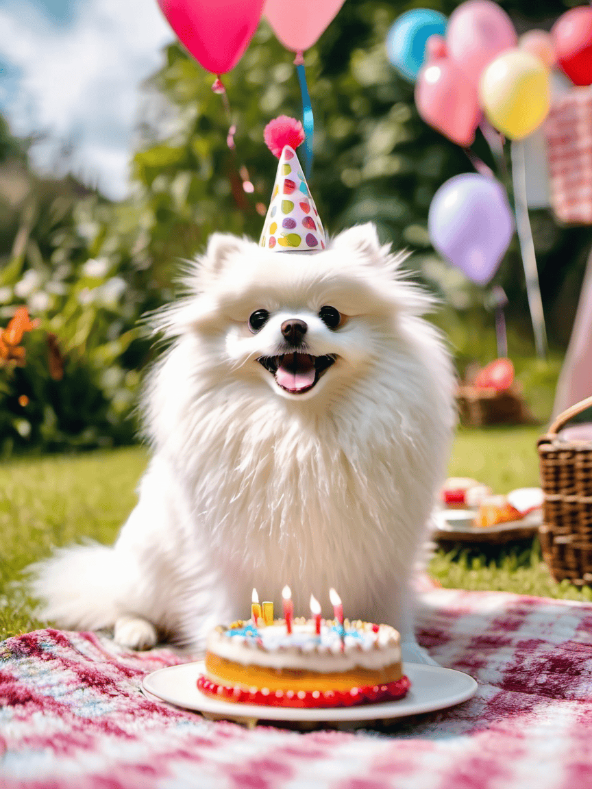 Pomeranian birthday portrait with a cake and colorful celebration decorations