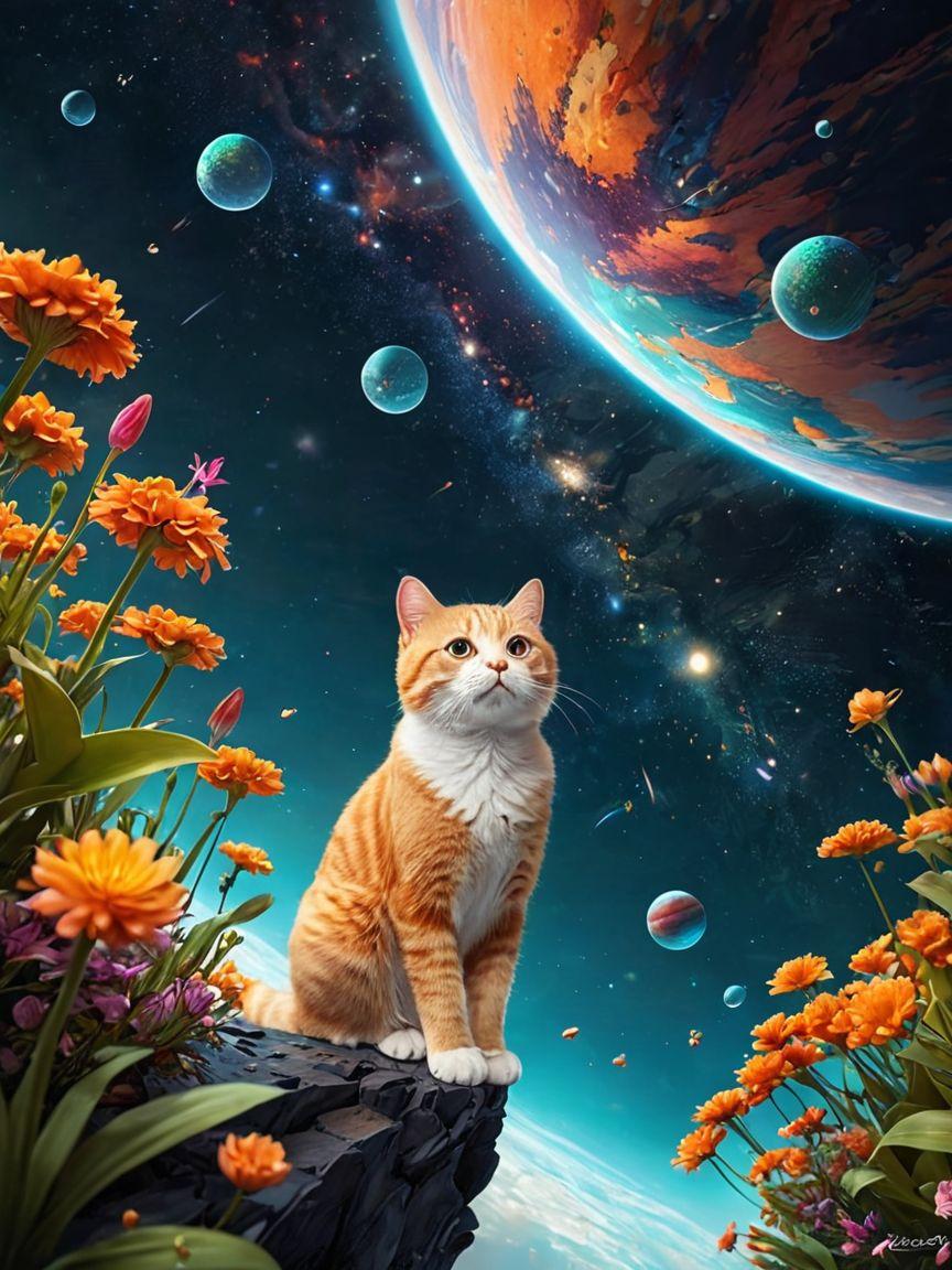 Orange tabby cat on cliff with flowers planets
