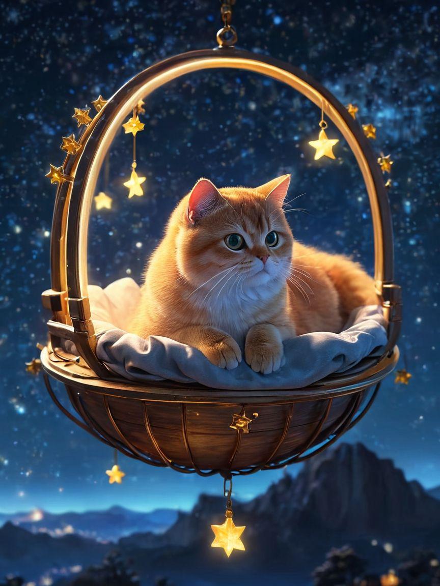 Cat in hanging basket under starry night sky