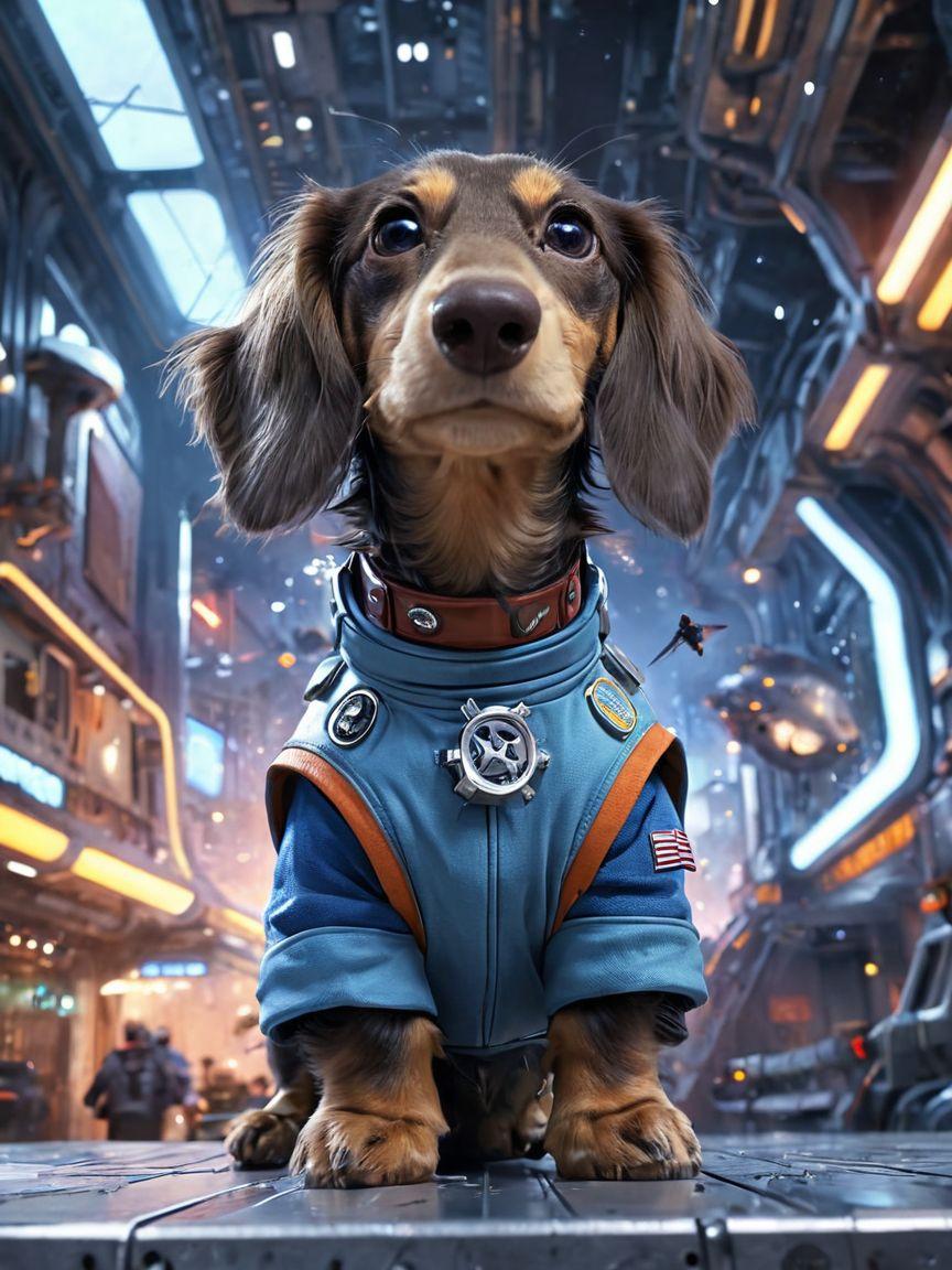 Dachshund in space suit in futuristic setting