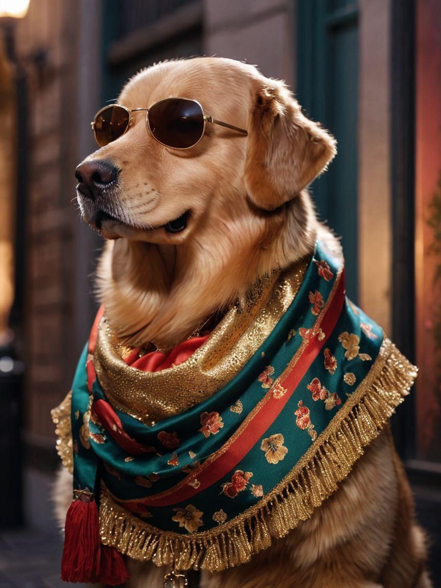 Golden Retriever wearing sunglasses with a colorful scarf