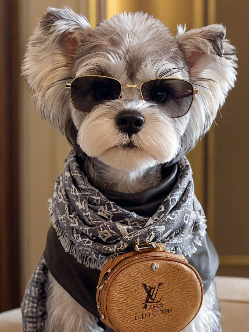 Schnauzer with sunglasses and Louis Vuitton scarf