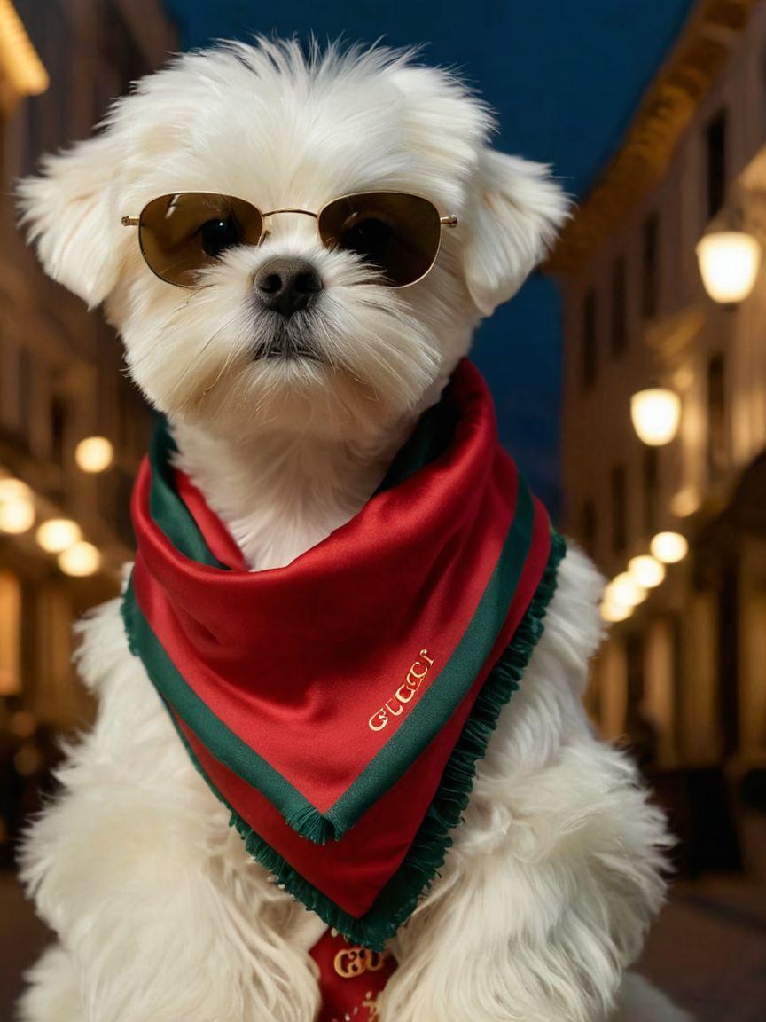 Maltese dog wearing sunglasses and Gucci scarf