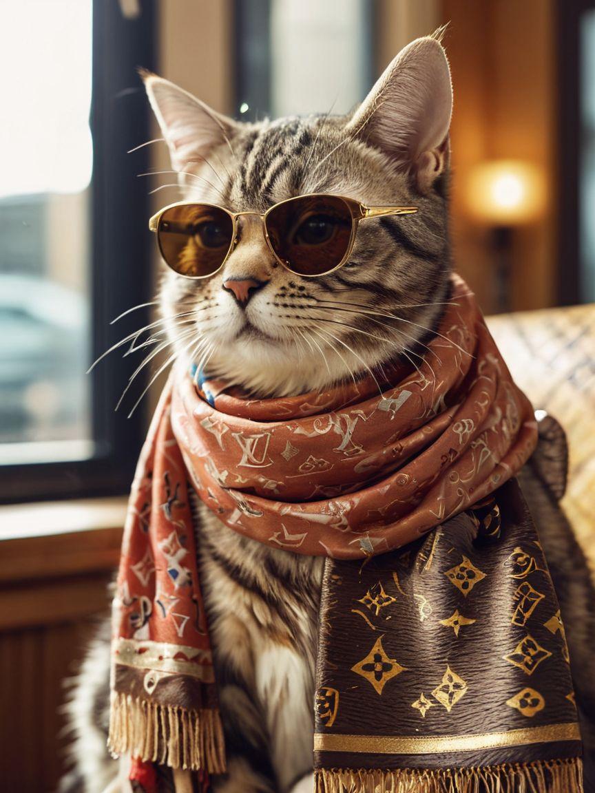 Cat with sunglasses and luxurious Louis Vuitton scarf