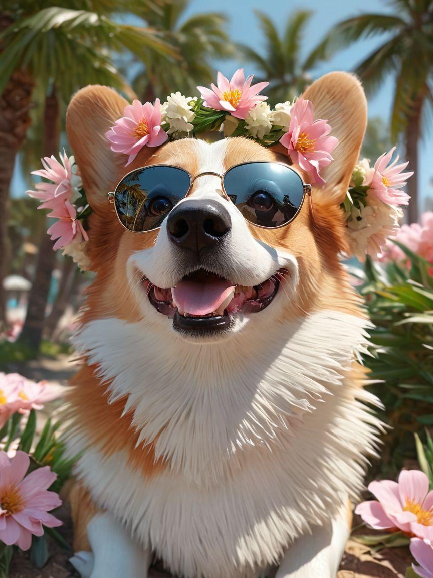 Corgi with sunglasses and flower crown outdoors