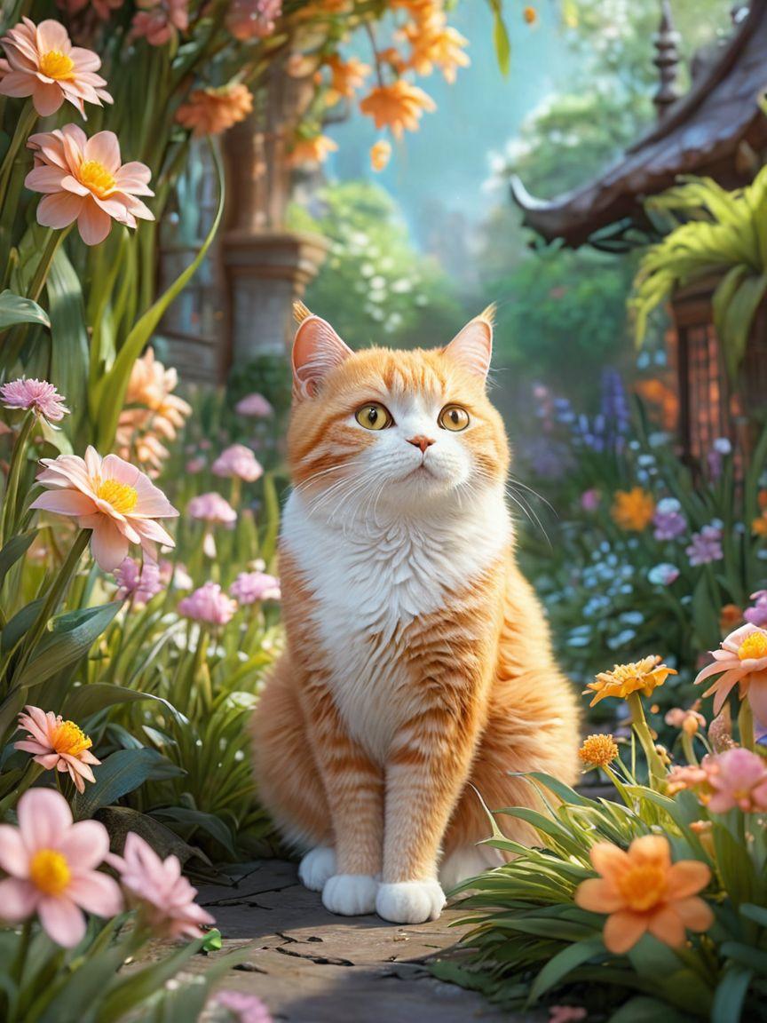 Ginger cat sitting among colorful flowers outside