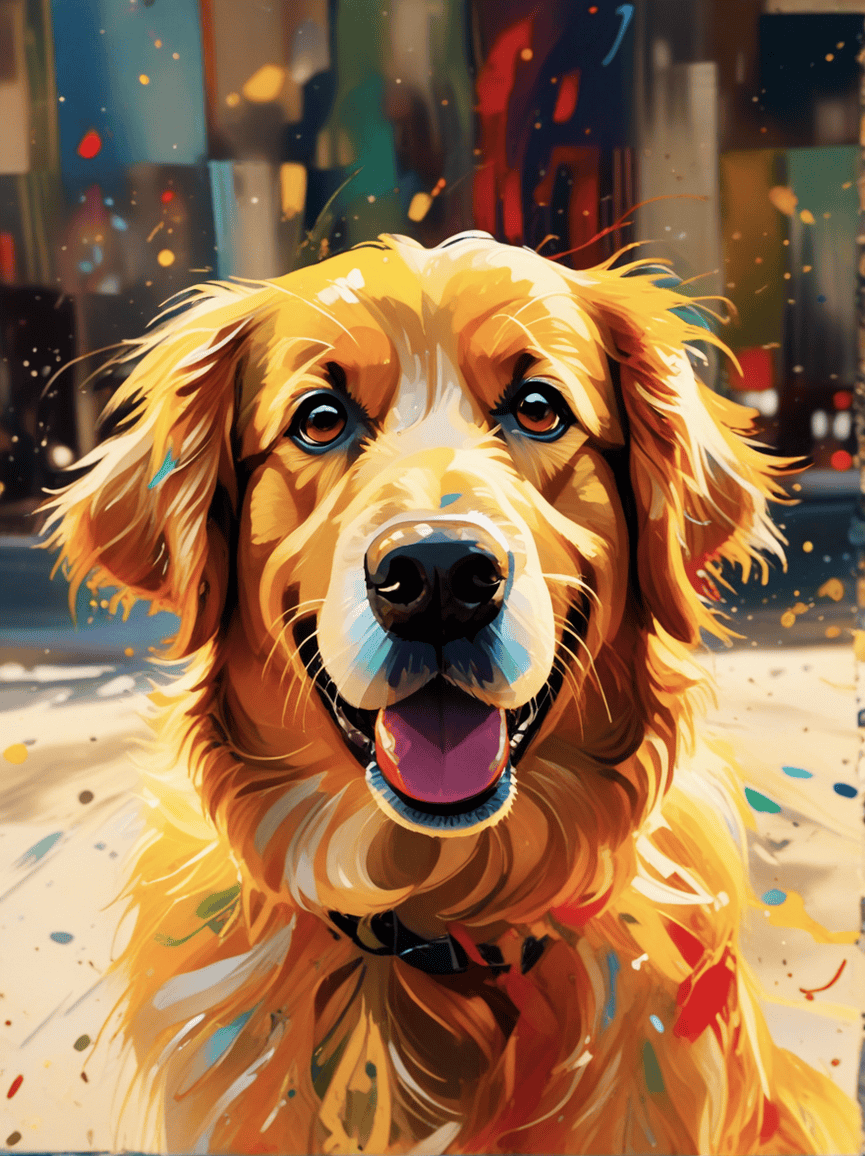 Golden Retriever with colorful paint splashes smiling