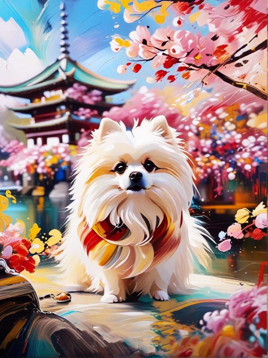 Pomeranian wearing colorful scarf beside cherry blossoms pagoda