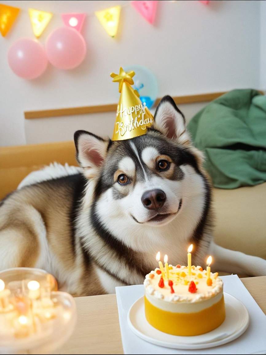 DreamPets happy birthday pet portrait template with a birthday cake